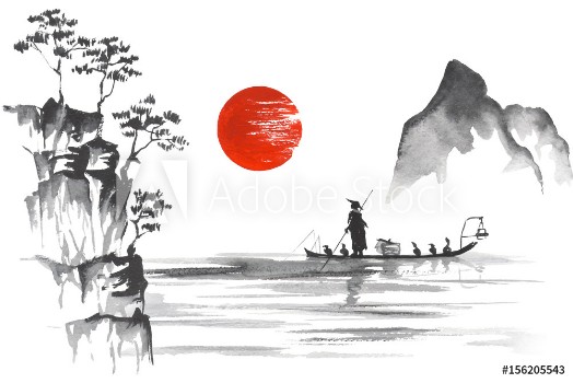 Bild på Japan Traditional japanese painting Sumi-e art Japan Traditional japanese painting Sumi-e art Man with boat